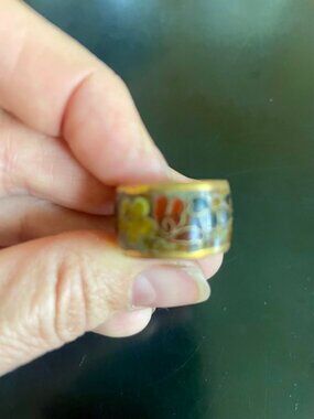 Vintage Brass Mustard Yellow Cloisenne Enamel Ring w/ Flowers